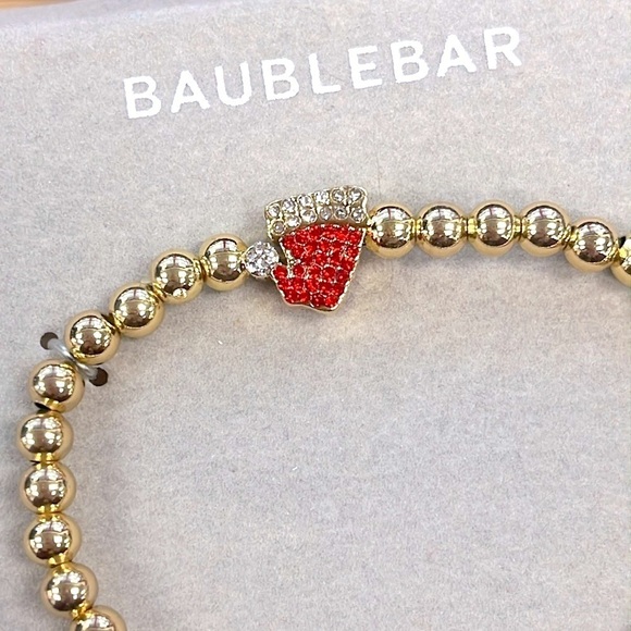 Brand New BaubleBar Gold Tone Beaded Bracelet w/ Rhinestone Red Santa Hat Charm - Picture 6 of 10